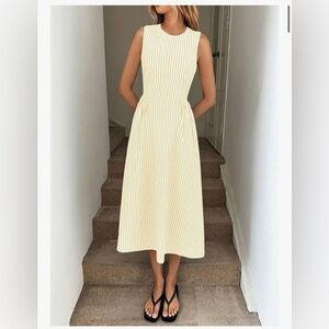 Yellow and white striped midi dress